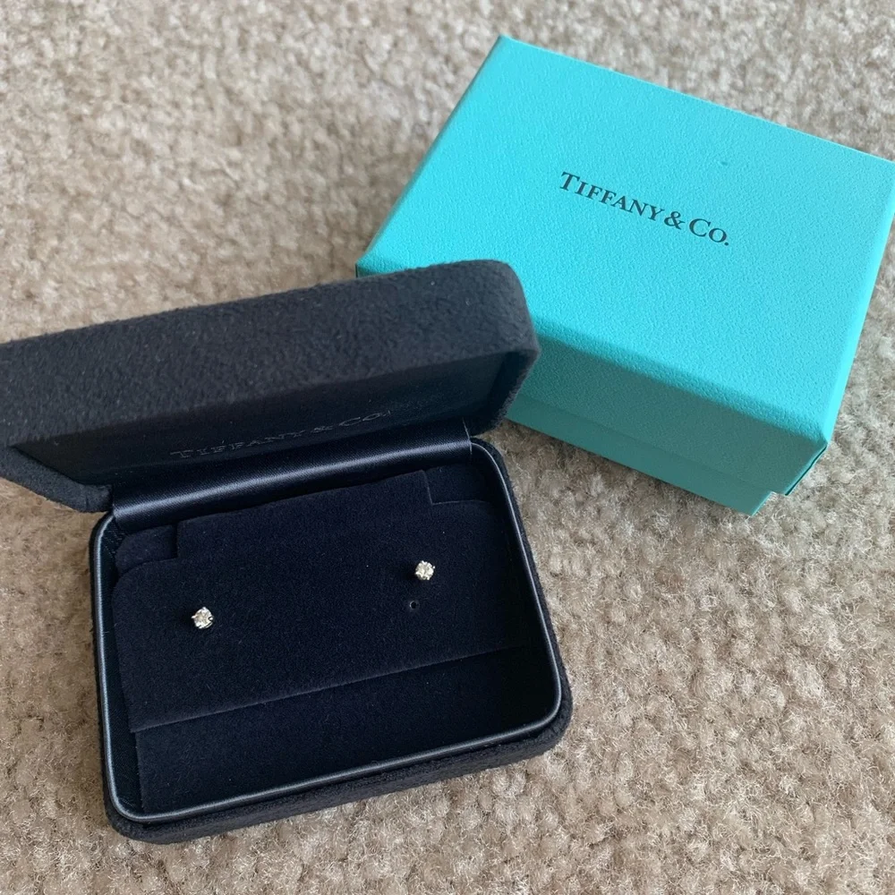 Tiffany & Co Solitaire Diamond Stud Earrings - Picture 1 of 14